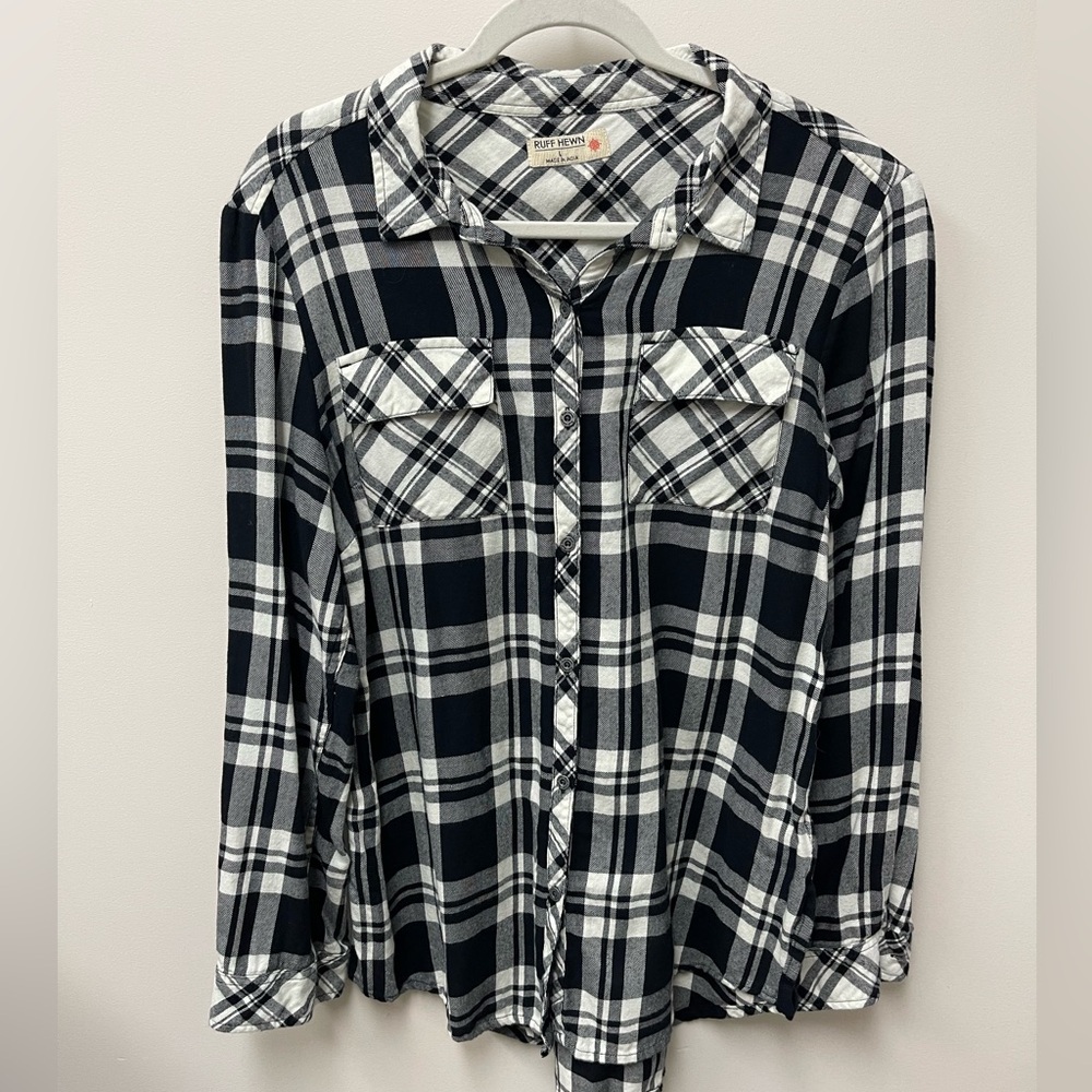 Ruff Hewn Black and White Plaid Button Down Flannel Shirt